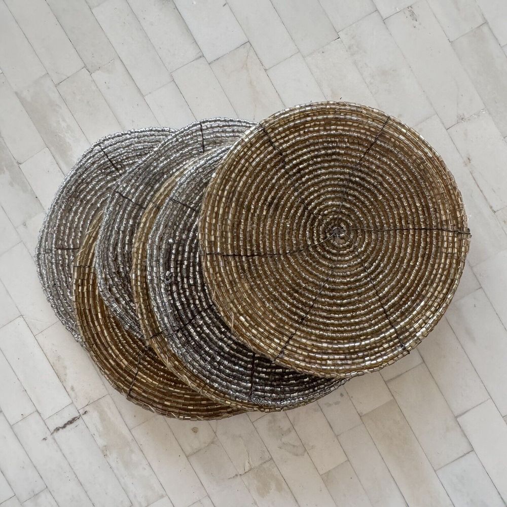 Vintage 90s Y2K Set of 6 Gold & Silver Metallic Beaded Coasters 4" Round Holiday